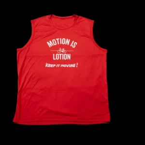 Red sleeveless shirt: Motion is Lotion.