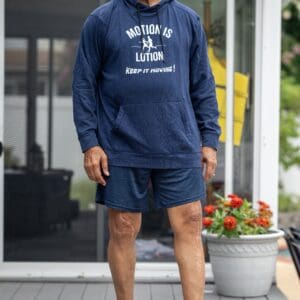 Man in "Motion is Lotion" hoodie.